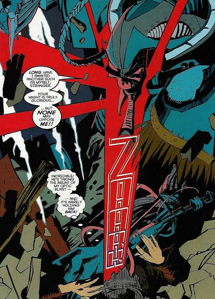 Apocalypse shrugging off Cyclops's optic blast at point-blank range