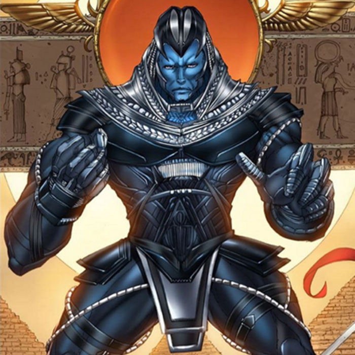 Apocalypse in dark armour before Egyptian hieroglyphs, comic art