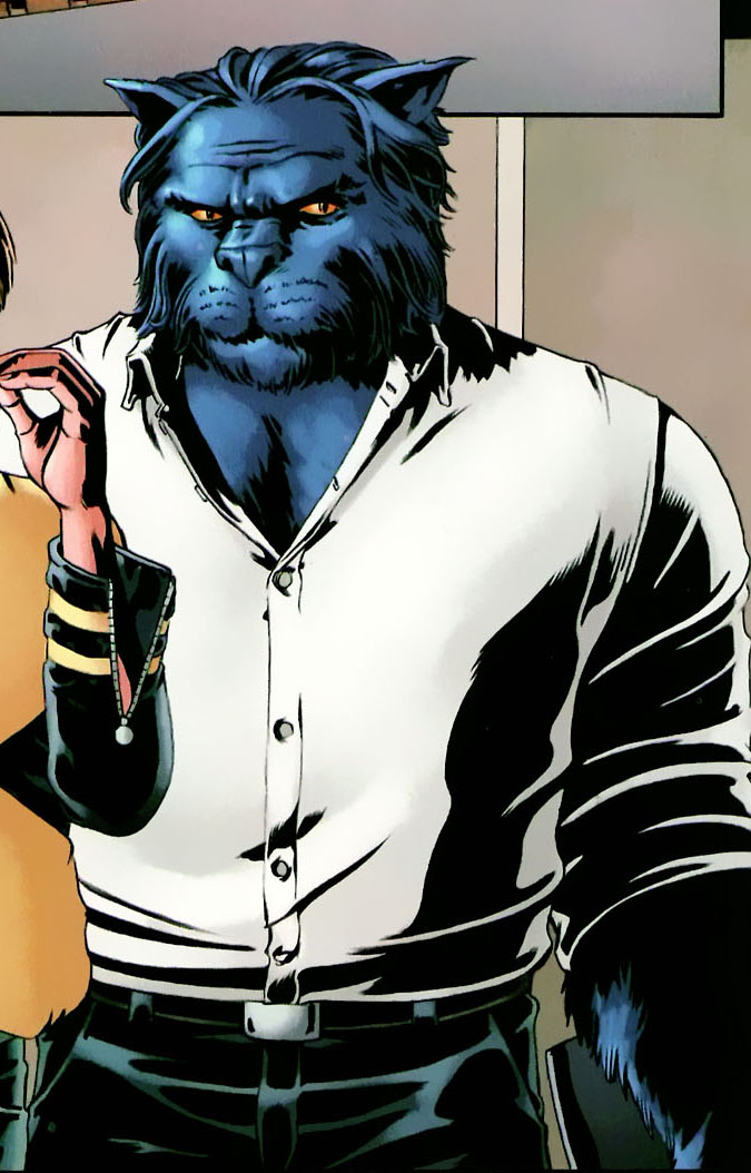 Modern comic art portrait of the blue-furred, feline Beast in a shirt
