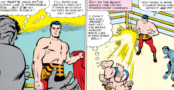 X-Men #8 panels: wrestler Beast charges Unus the Untouchable in the ring and is hurled back by his force field