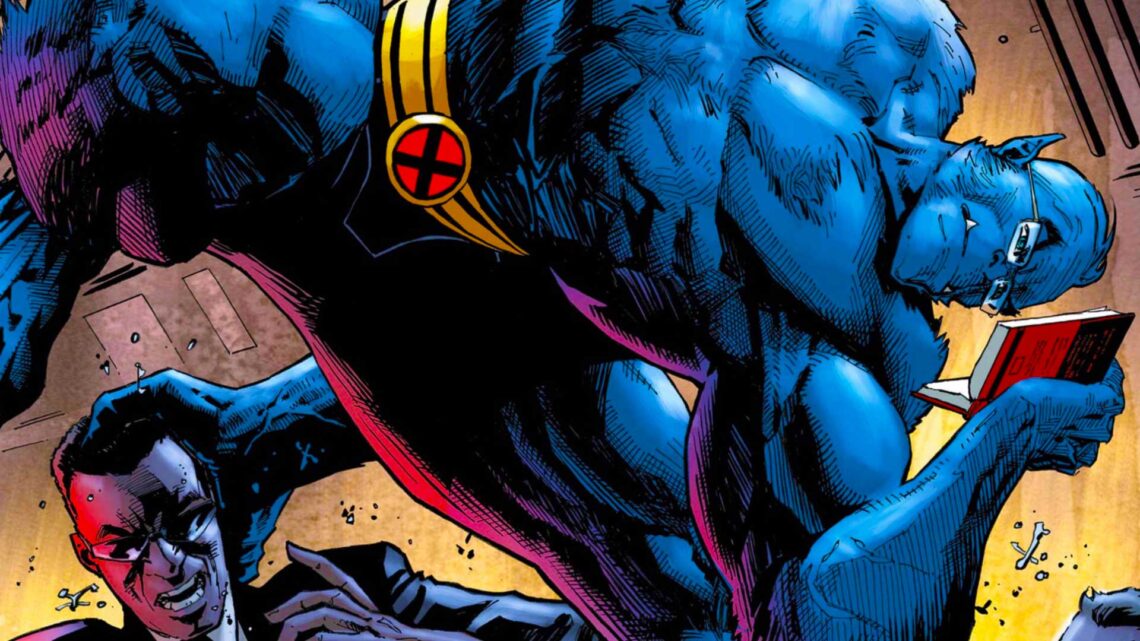 Beast reading a book while fighting, comic art