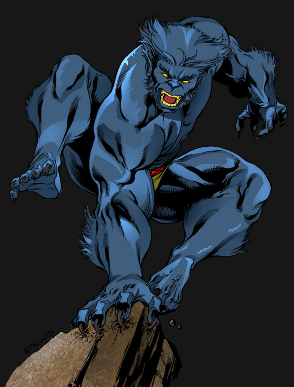 Beast in feline form crouching with claws and fangs, comic art