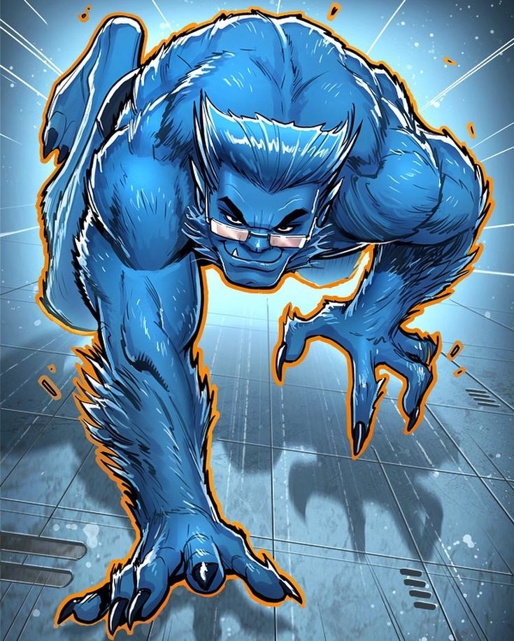 Beast in blue feline form wearing glasses, comic art