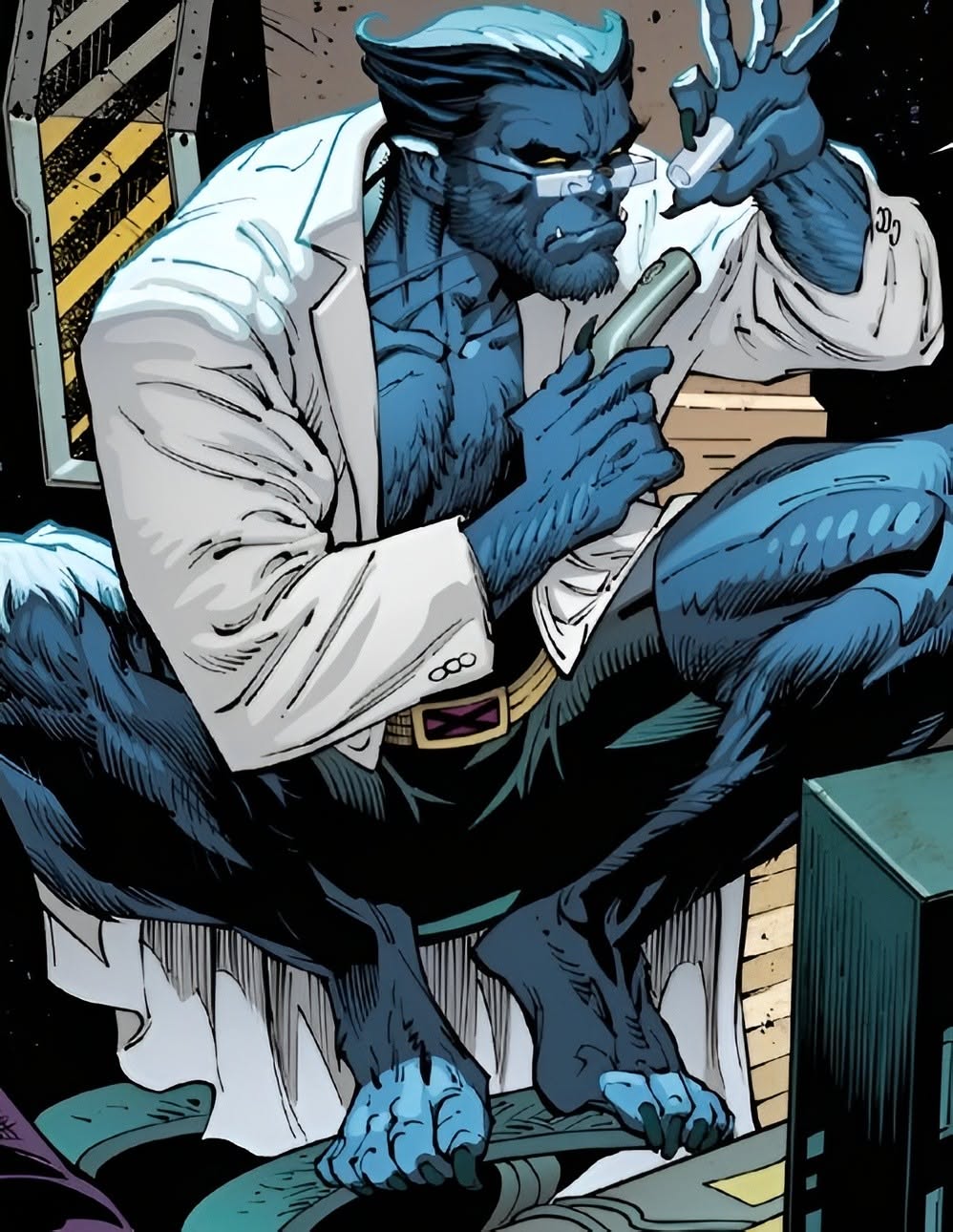 Beast in a white lab coat examining a vial, comic art