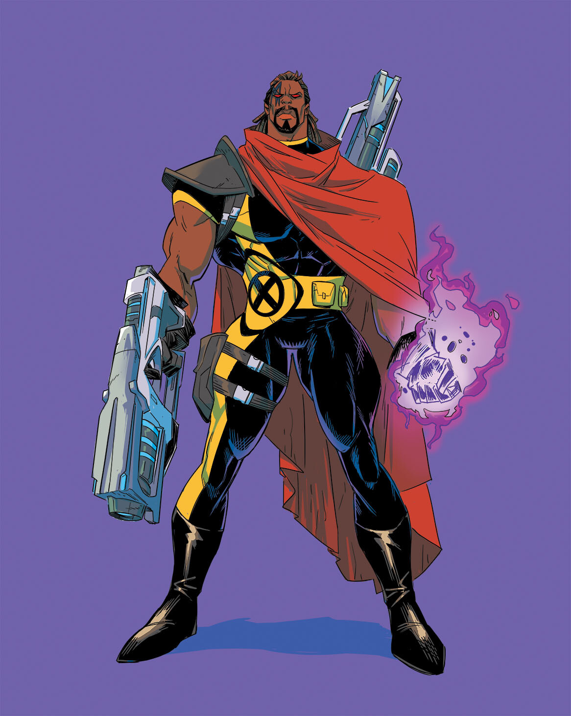 Bishop with glowing red eyes and energy-charged hand, comic art