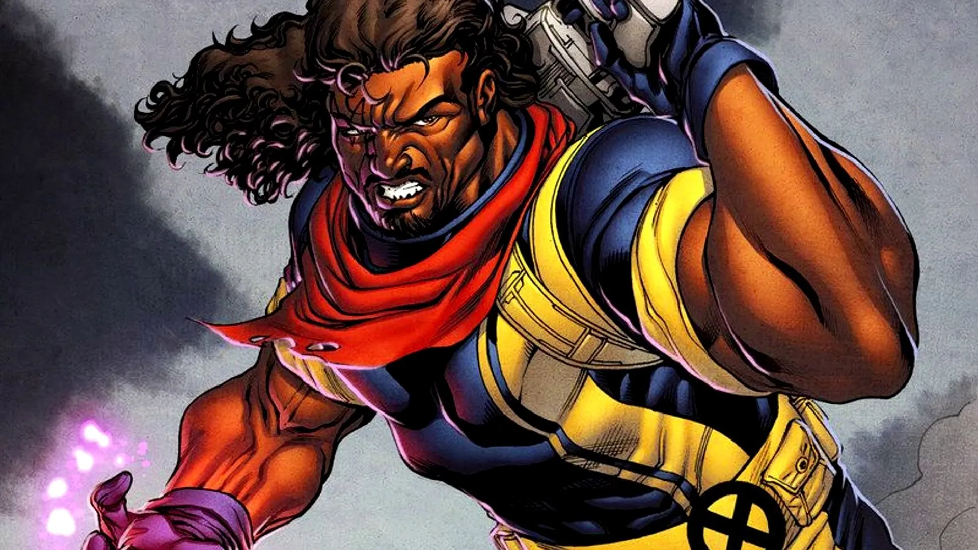Bishop charging his fist with energy, his M scar visible, comic art