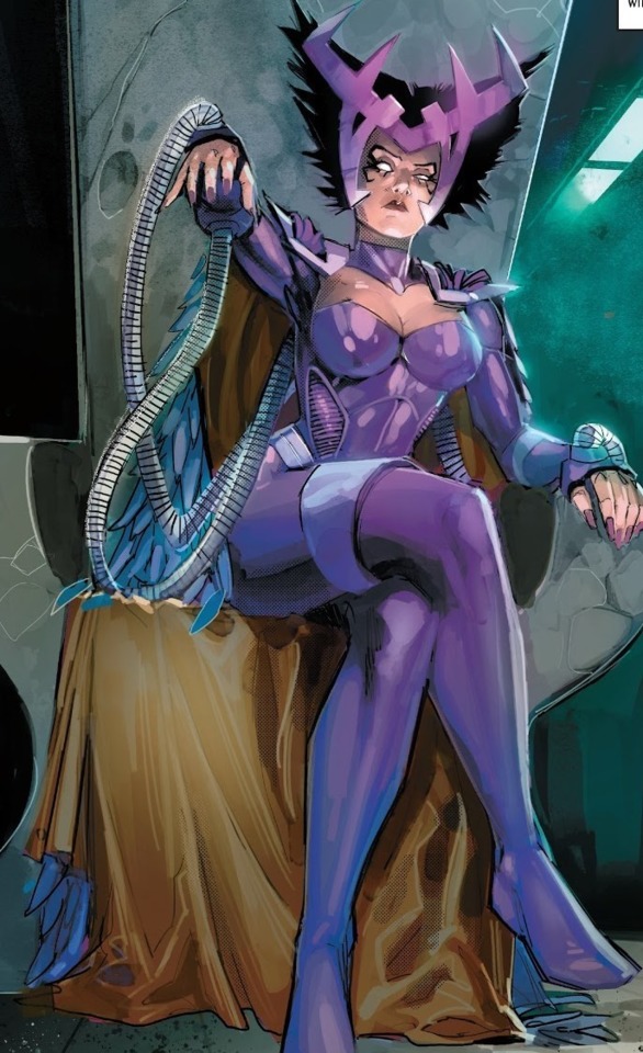 Deathbird seated in her purple Shi'ar armour, comic art