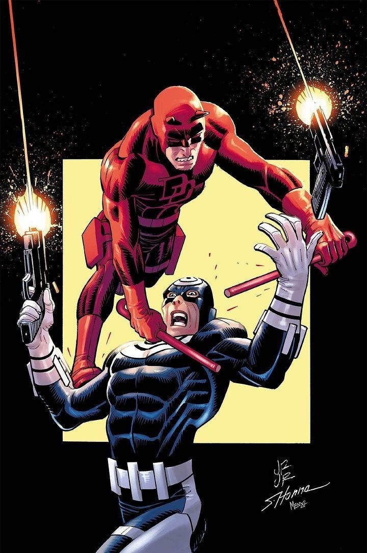 Daredevil and Bullseye facing off, guns and billy club