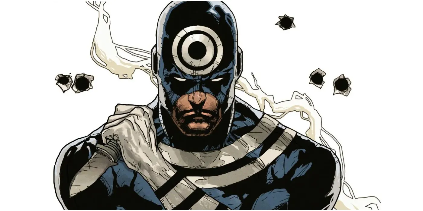 Bullseye in his target-marked costume, comic art