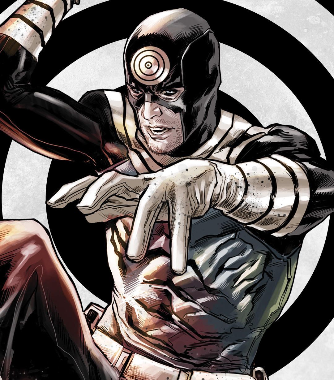 Bullseye mid-throw, comic art