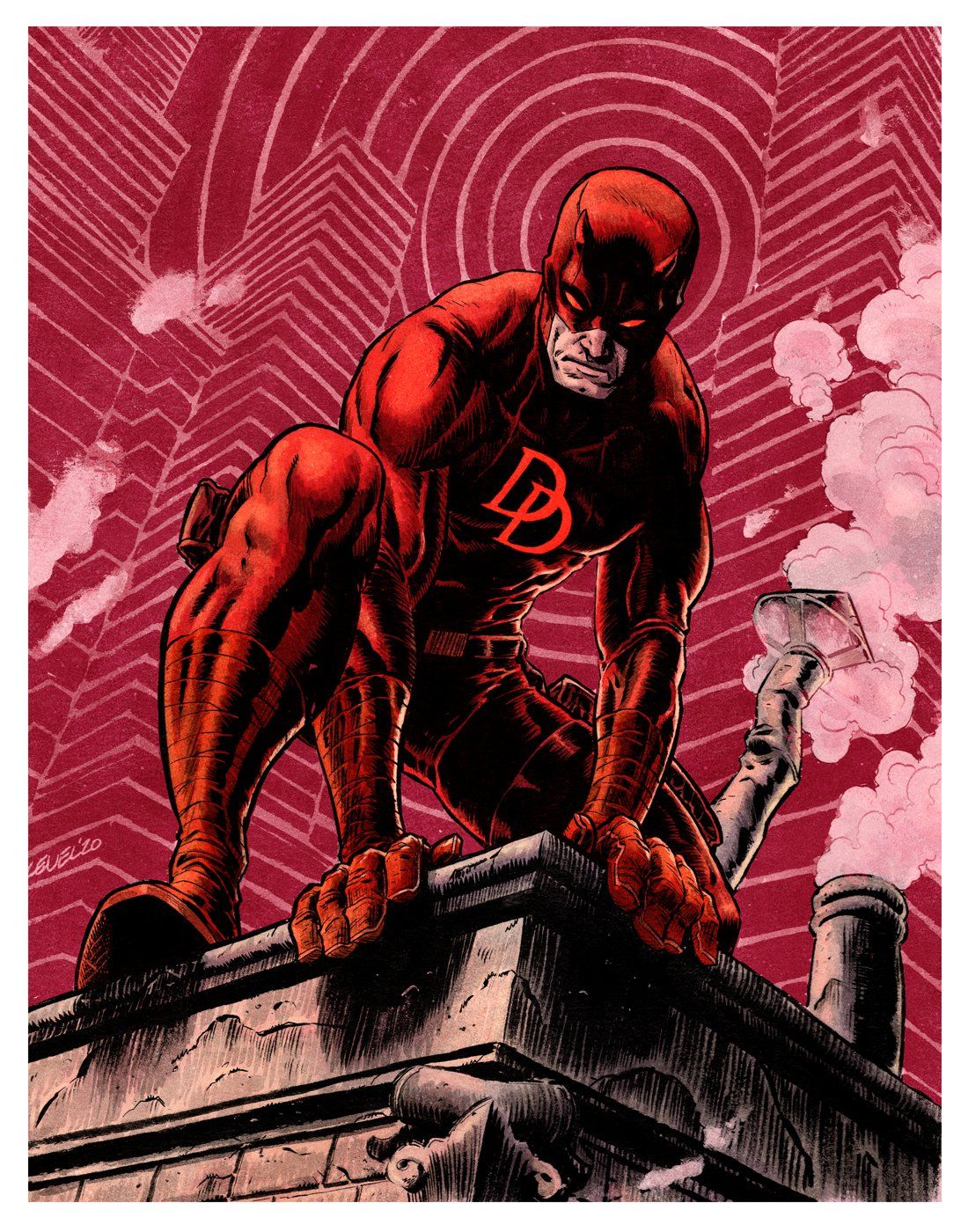 Daredevil in his red costume, comic art