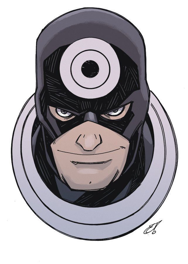 Bullseye head portrait with large target on his forehead, comic art