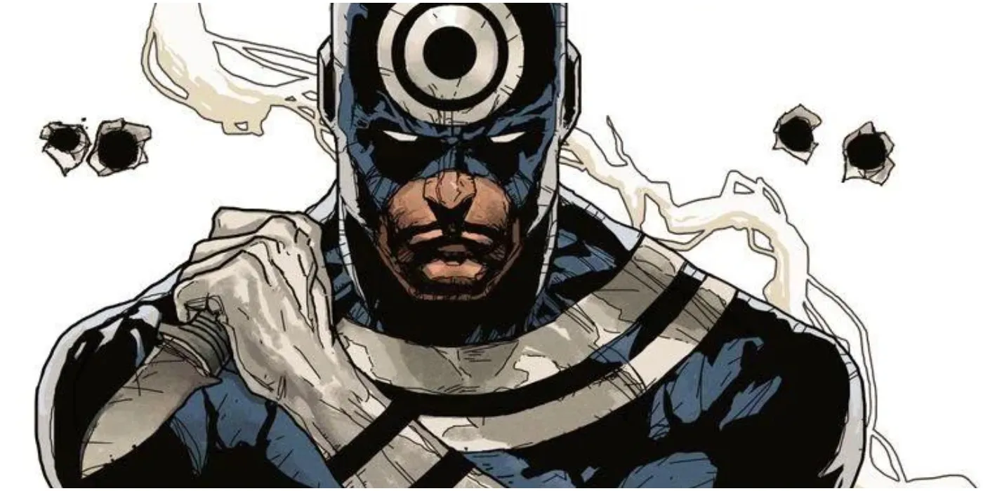 Bullseye in costume with target emblem on his forehead, comic art