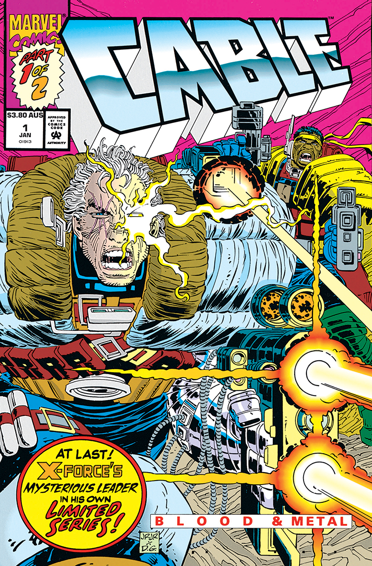 Cable: Blood & Metal #1 (1992) cover by John Romita Jr.: Cable blasting away, cover text 'At last! X-Force's mysterious leader in his own limited series!'