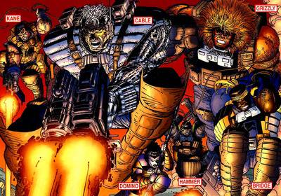 Group illustration of the Six Pack: Kane, Cable, Grizzly, Domino, Hammer, and Bridge charging forward, each member labeled