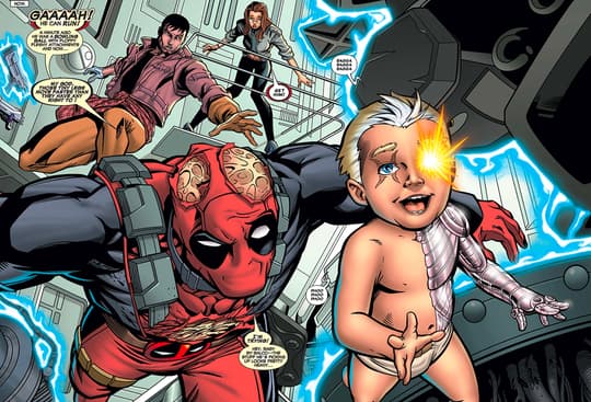 Comic panel showing infant Nathan Summers with a metal techno-organic arm and a glowing eye, held near Deadpool