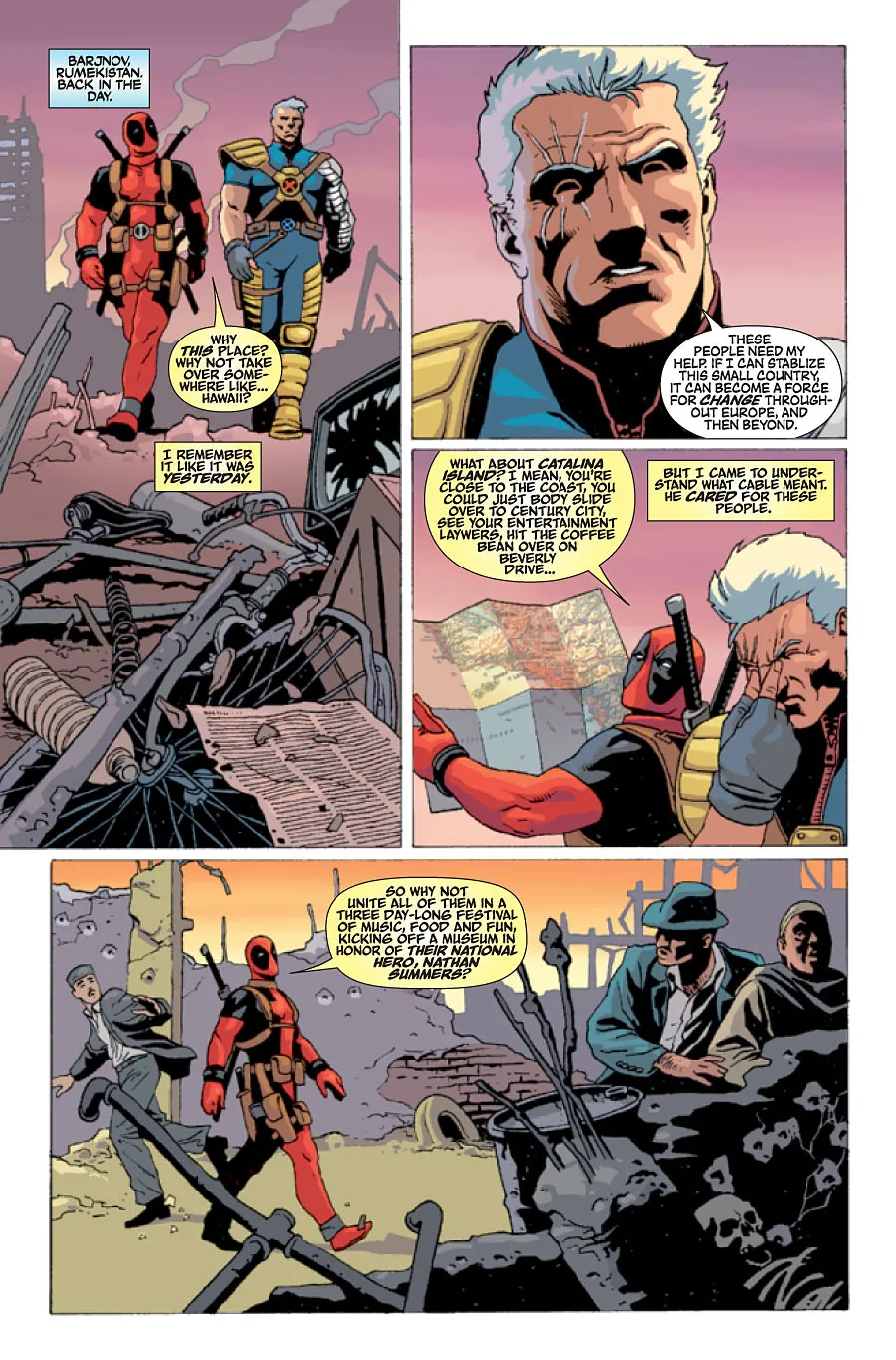 Cable and Deadpool walking through Barjnov, Rumekistan comic panel
