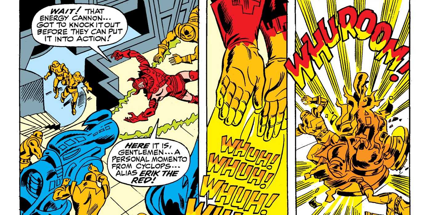 Cyclops as Eric the Red firing optic blasts from his hands comic panel