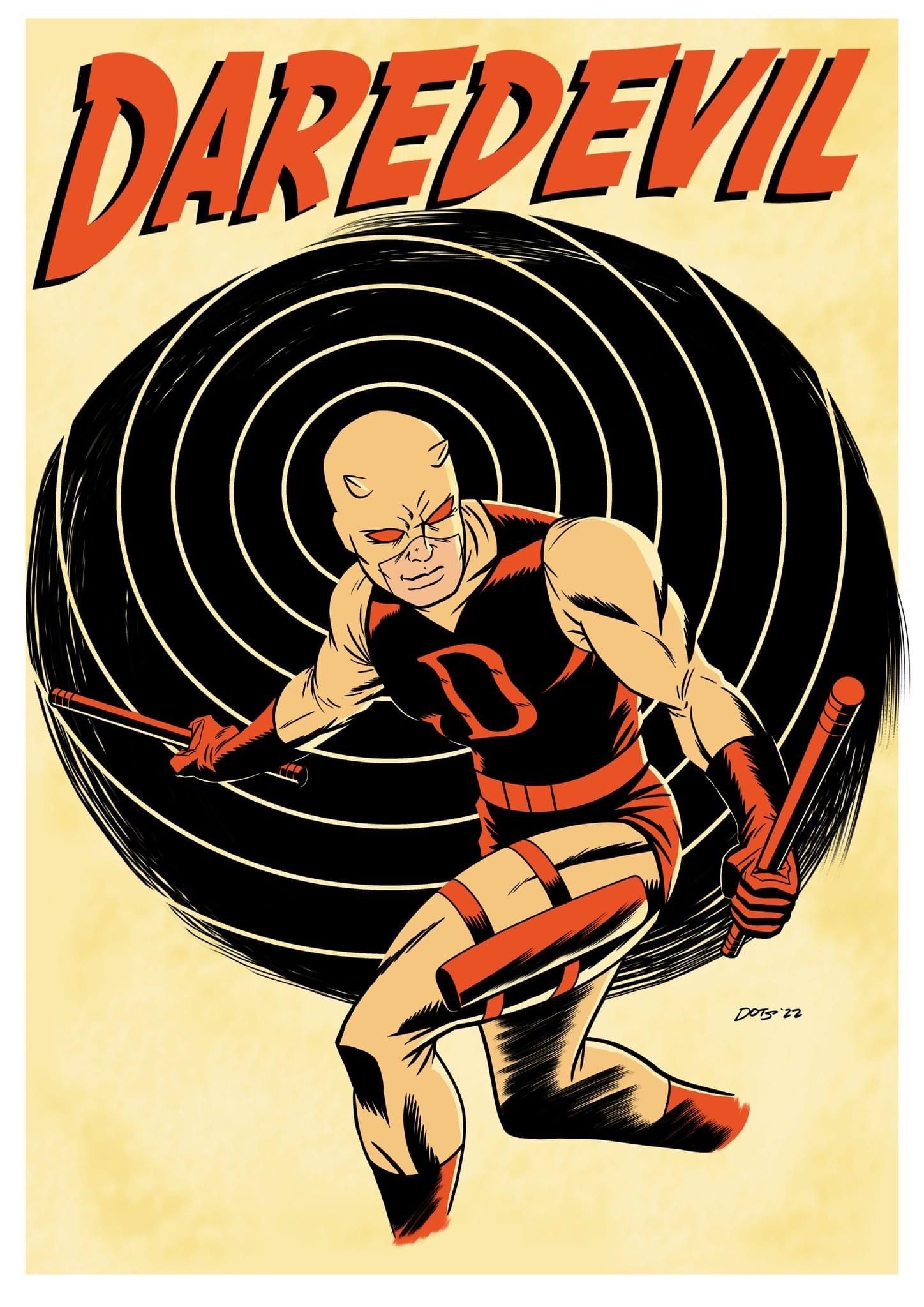 Retro 1960s-style Daredevil poster art with classic black and red costume