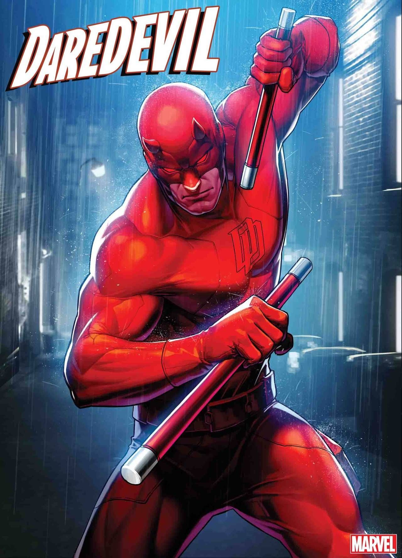 Modern Marvel cover art of Daredevil in the rain with billy club raised