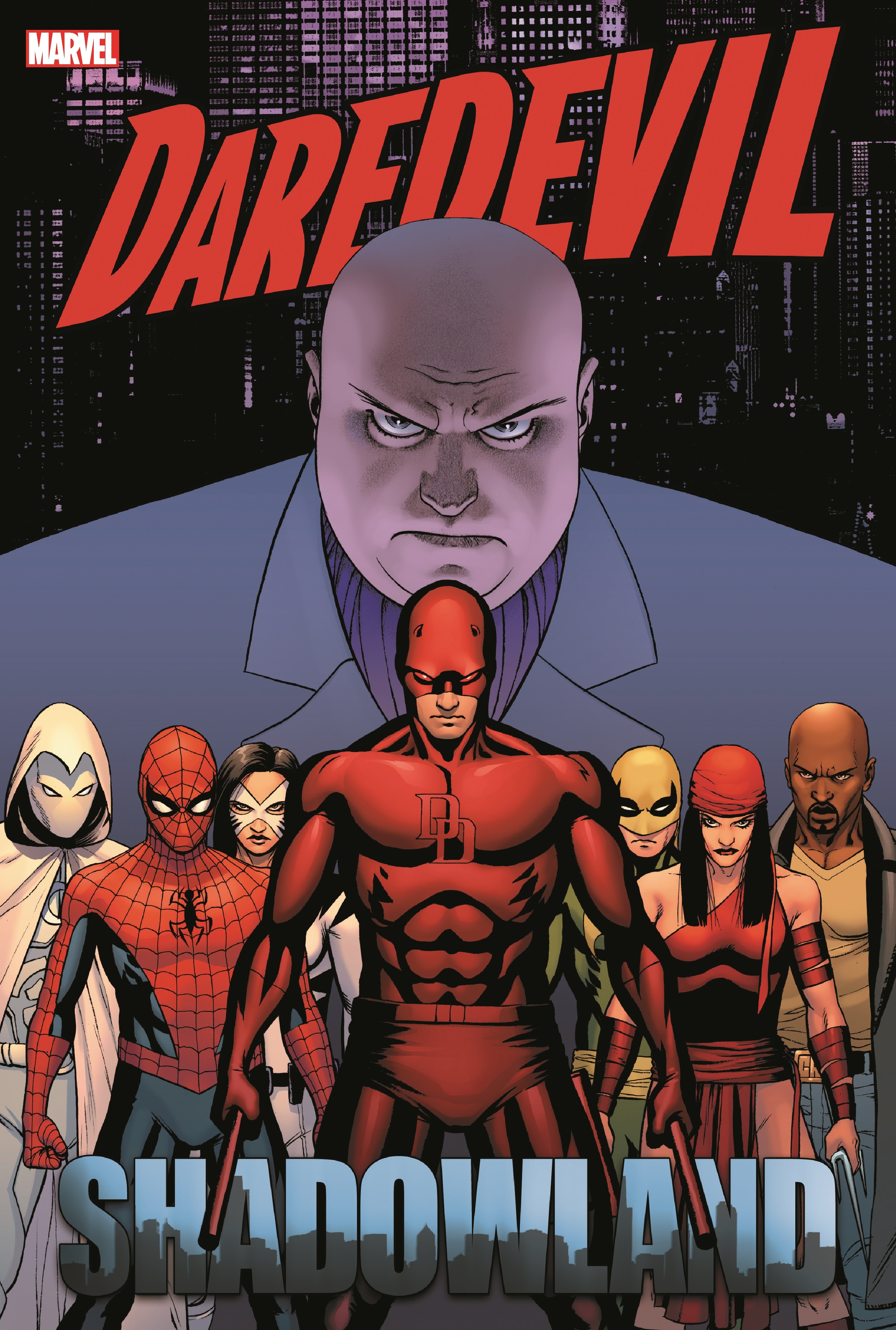 Shadowland cover art: Daredevil in red in front, with Spider-Man, Moon Knight, Iron Fist, Elektra and Luke Cage, Kingpin looming behind