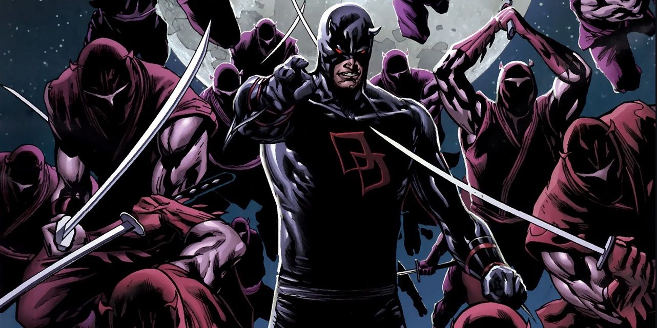Daredevil in a black suit with red emblem, pointing forward, surrounded by sword-wielding Hand ninjas under a full moon