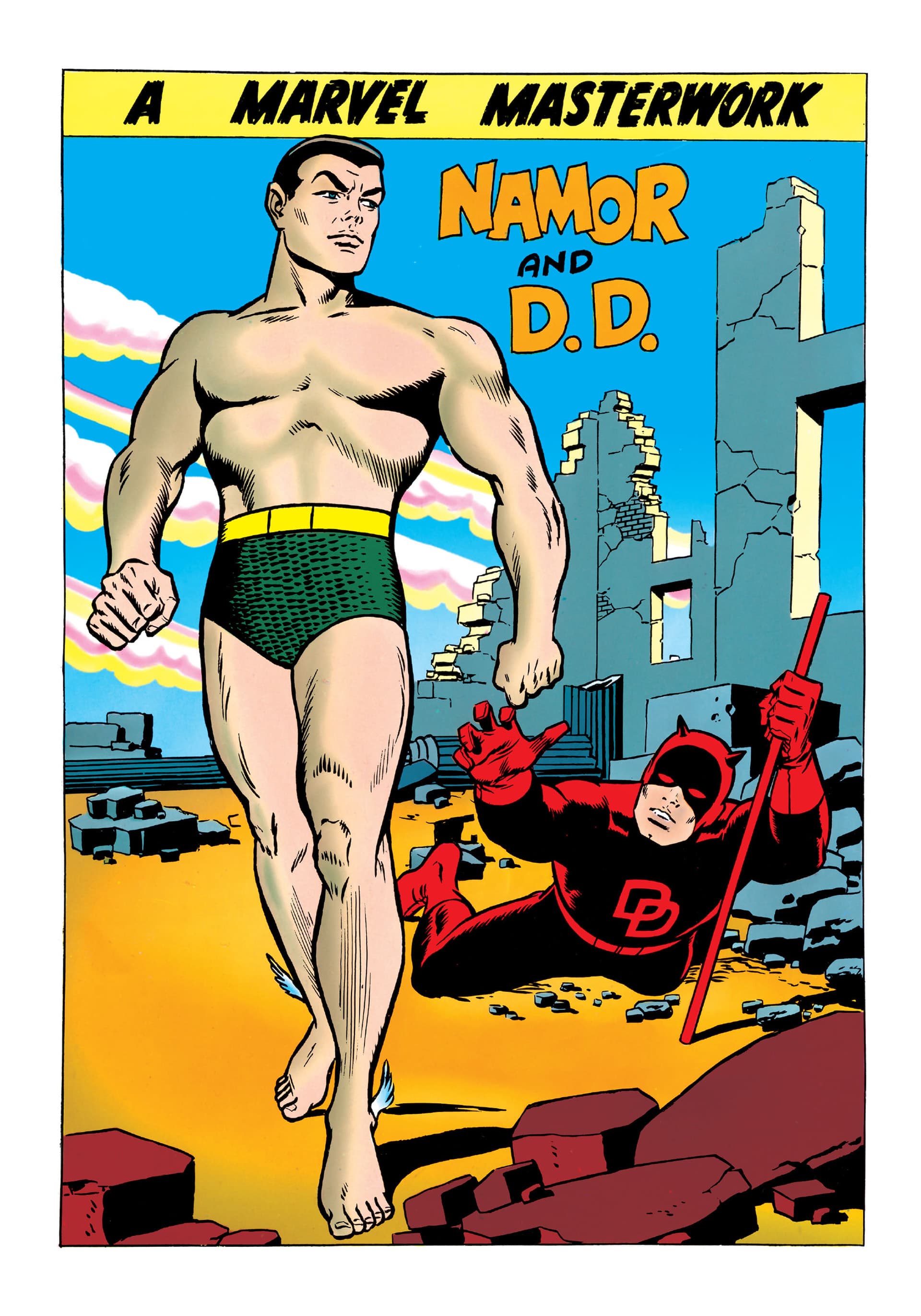 Pin-up art: Namor standing over a fallen Daredevil in his red costume, 'Namor and D.D.'