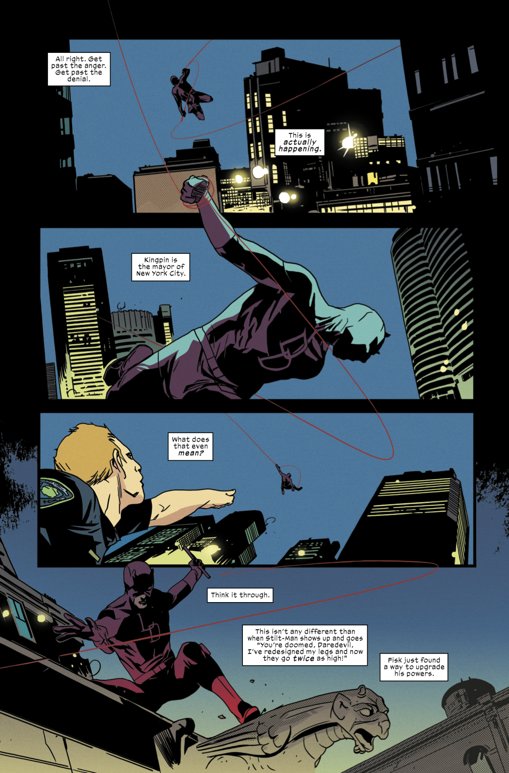 Page from Daredevil issue 596 in which Daredevil reacts to the news that Kingpin is mayor of New York City
