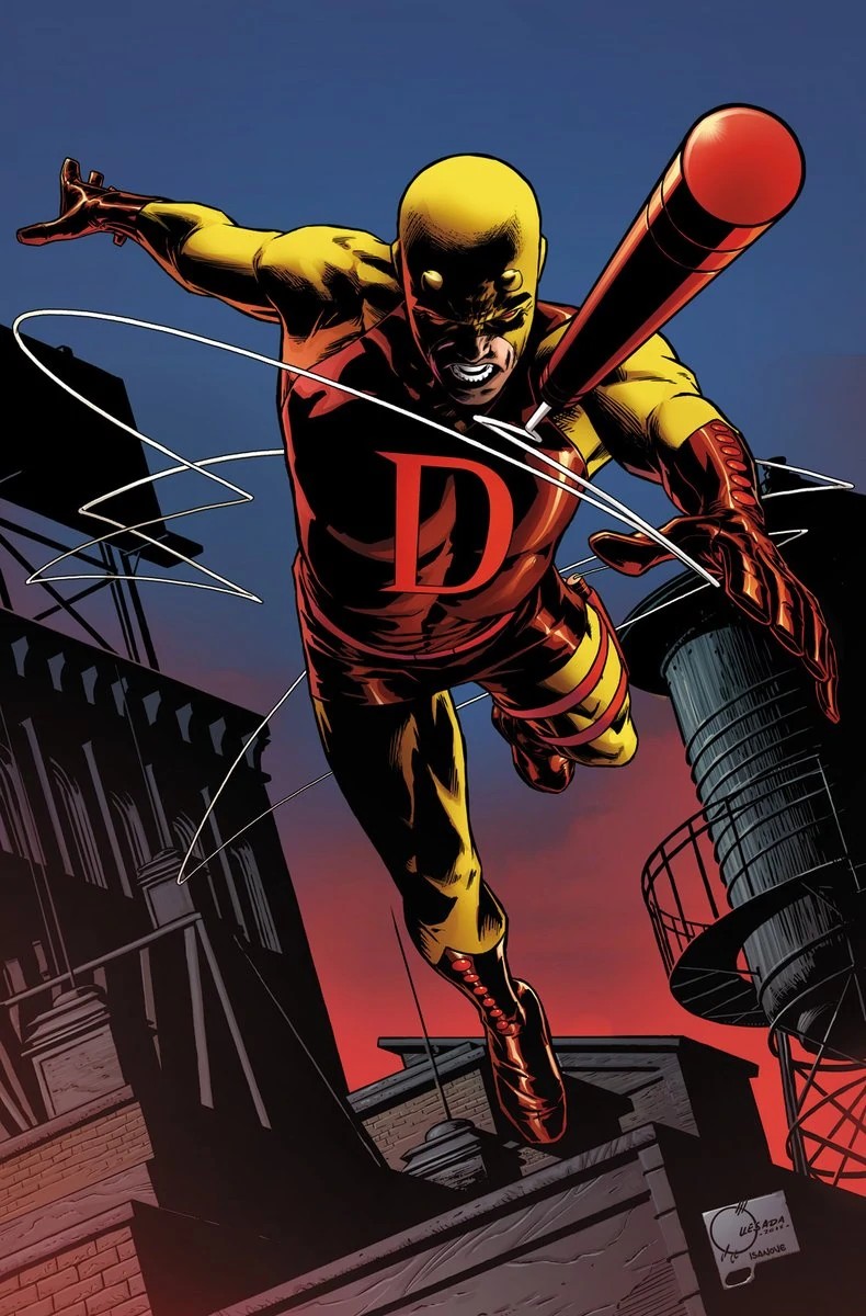 Daredevil in yellow costume with billy club comic art