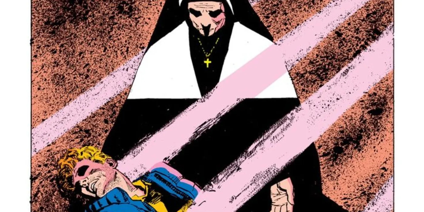 Sister Maggie nun standing over injured Matt Murdock Born Again comic panel