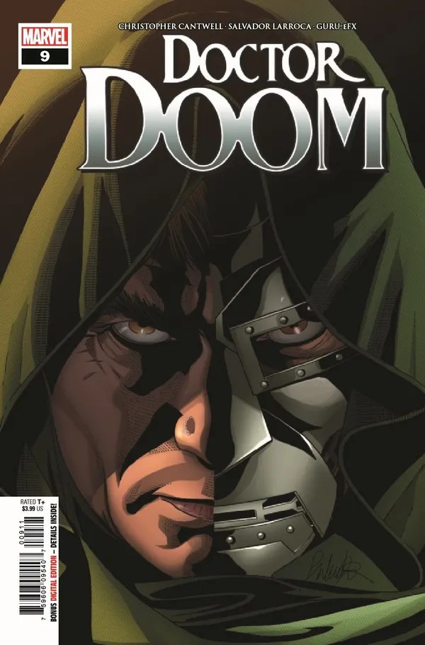 Doctor Doom #9 (2020) cover art by Salvador Larroca: Victor's unmasked face split with the iron mask