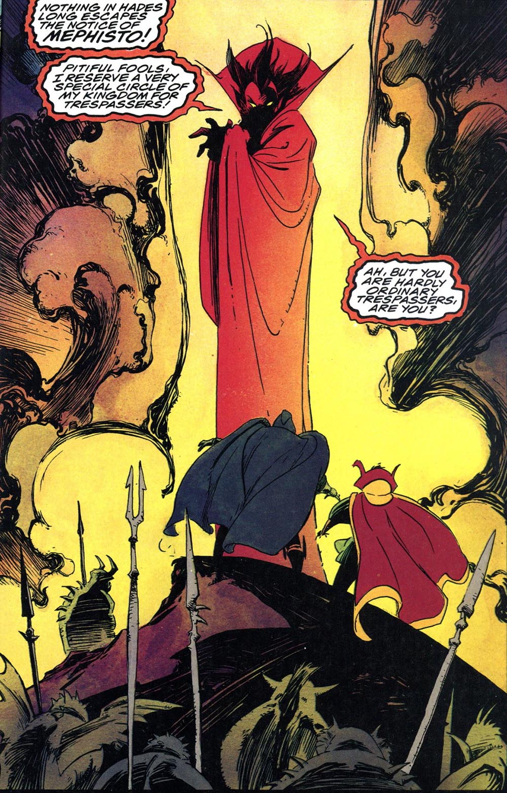 Interior page from Triumph and Torment by Mike Mignola: Mephisto in a red cloak looming over Doctor Doom and Doctor Strange in Hades, declaring that nothing escapes his notice