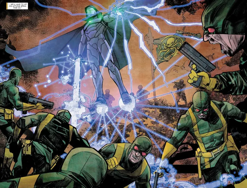 Doctor Doom in Iron Man armor battling armed Hydra agents