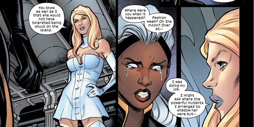 Storm and Emma Frost facing off, comic art