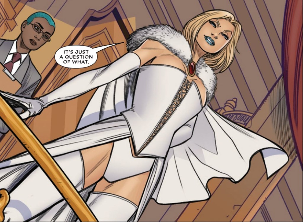 Emma Frost in her White Queen costume descending a staircase, comic panel