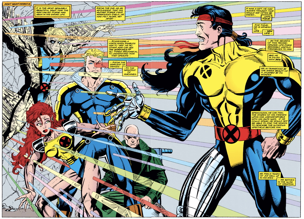 Comic panel of Forge perceiving mechanical energy with the X-Men