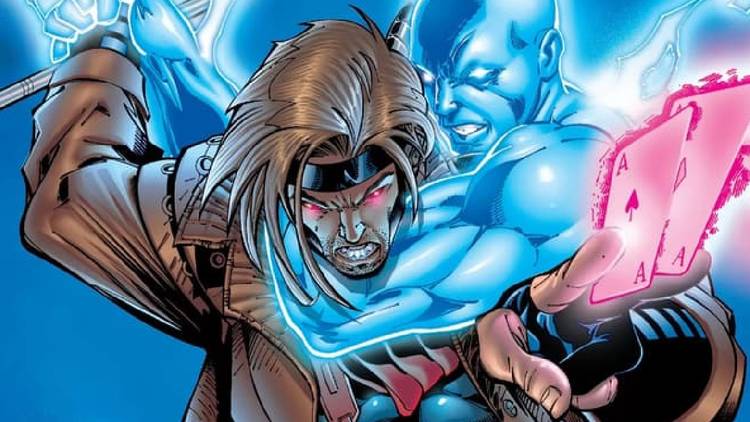 Comic art of Gambit fighting the New Sun, his full-power alternate self