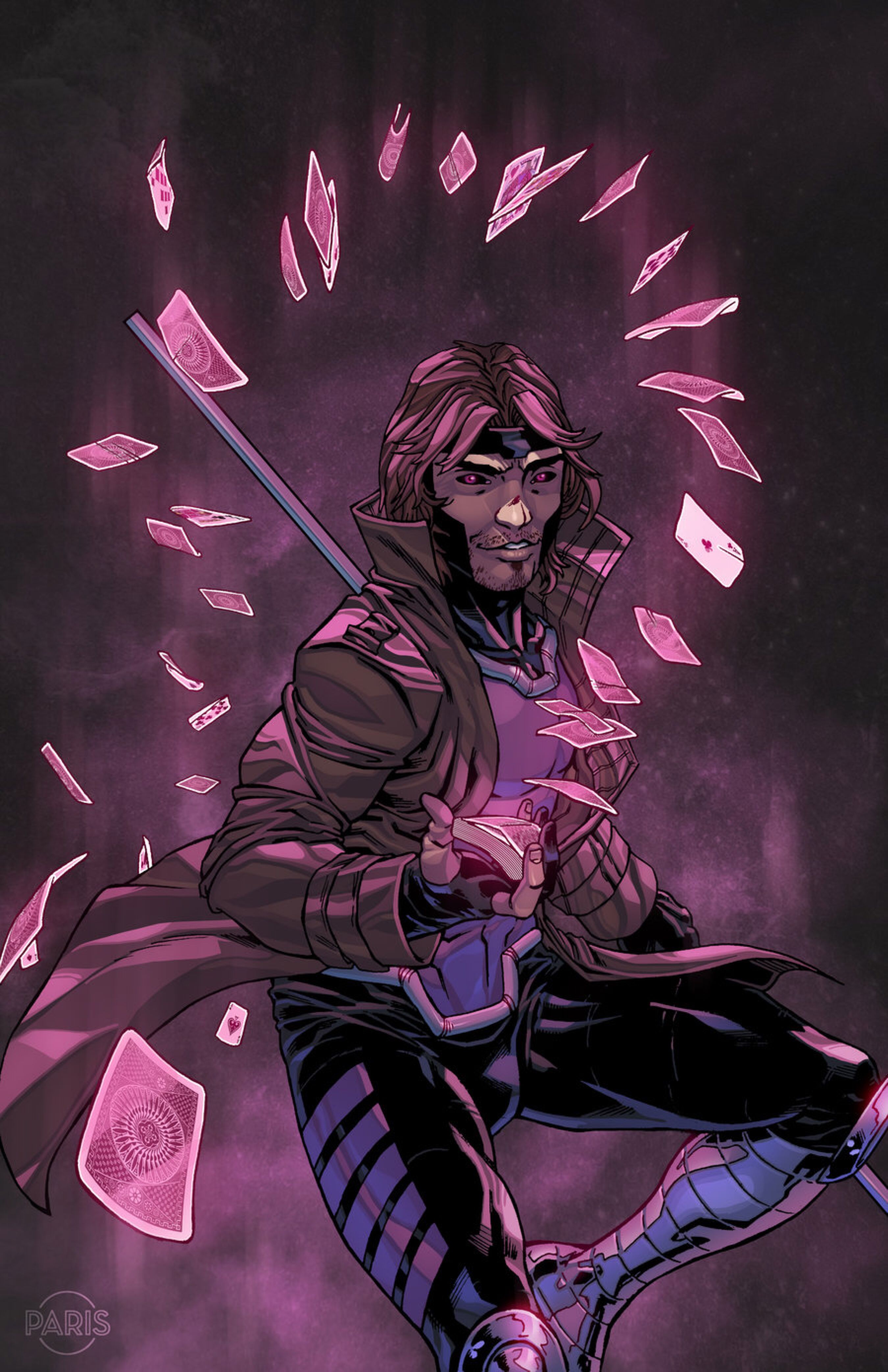 Art of Gambit in his trench coat surrounded by a halo of charged playing cards