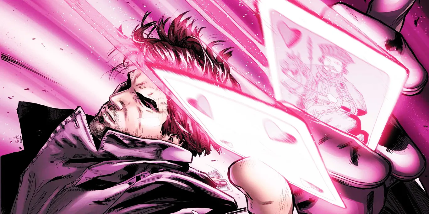 Comic cover art of Gambit holding glowing charged cards