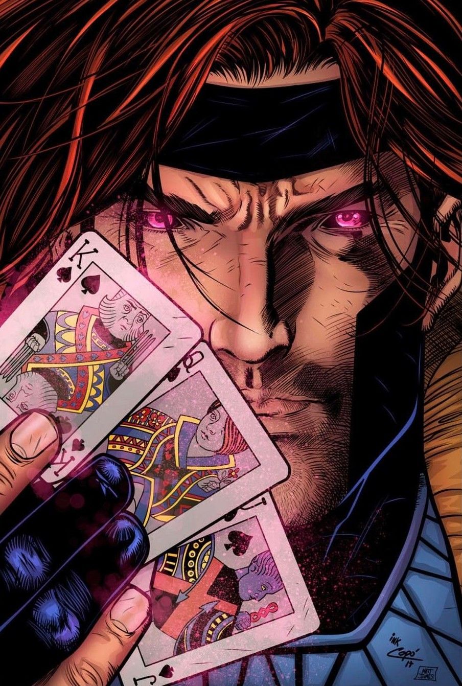 Gambit with charged playing cards, comic art