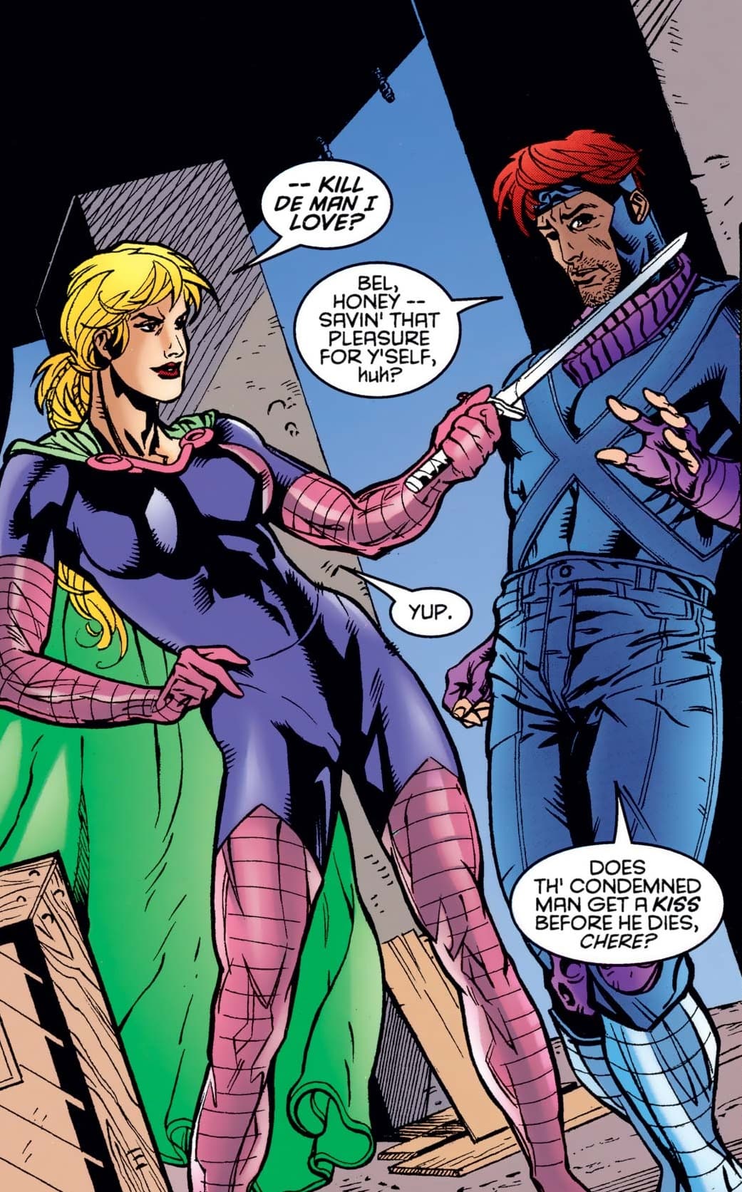 Bella Donna Boudreaux holding a blade to Gambit, comic panel