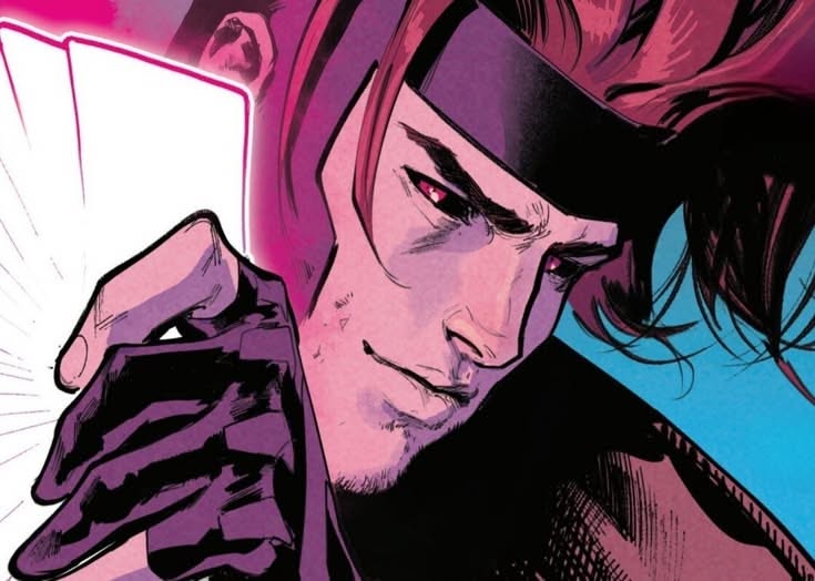 Gambit with charged playing cards, comic panel
