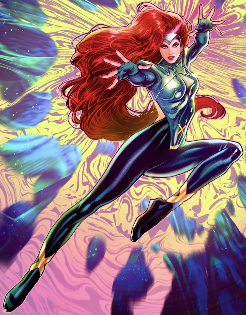 Jean Grey in her green and gold costume reaching out with her powers