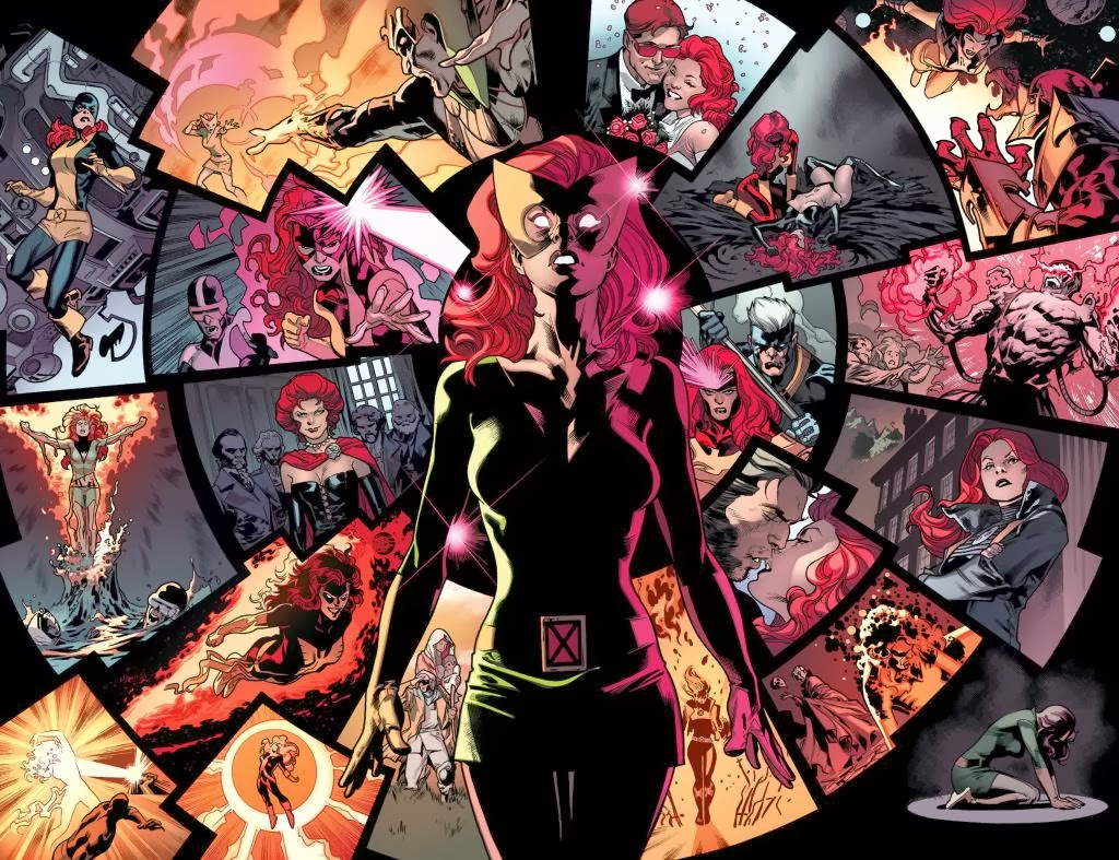 Montage of Jean Grey's life in comics, from Marvel Girl to Phoenix