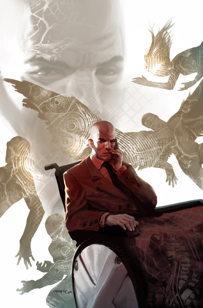 Professor Charles Xavier seated in his wheelchair, using his telepathy