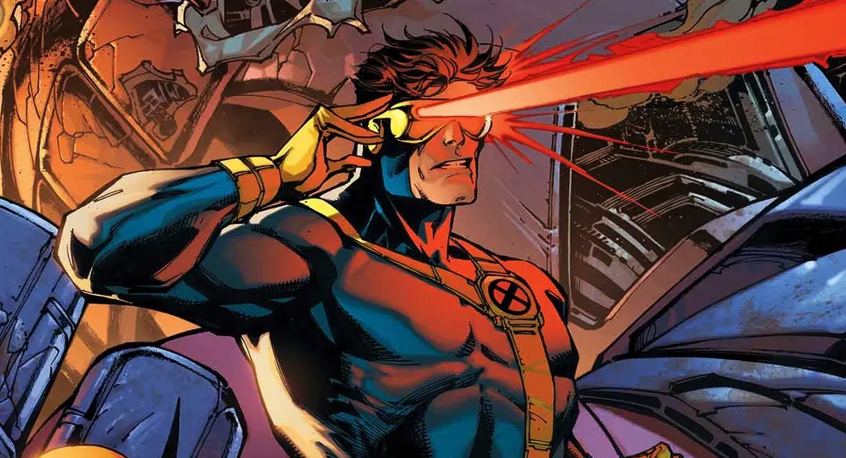 Cyclops firing his optic blast, hand at his visor