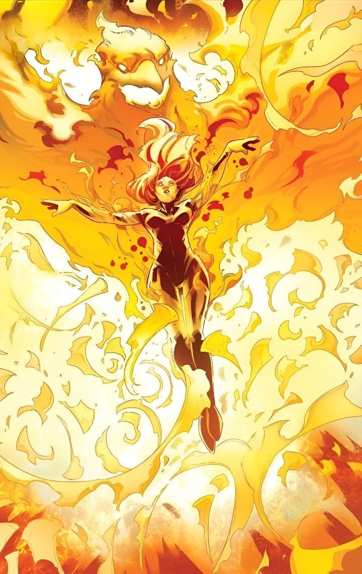 Jean Grey rising through a huge Phoenix raptor made of flame
