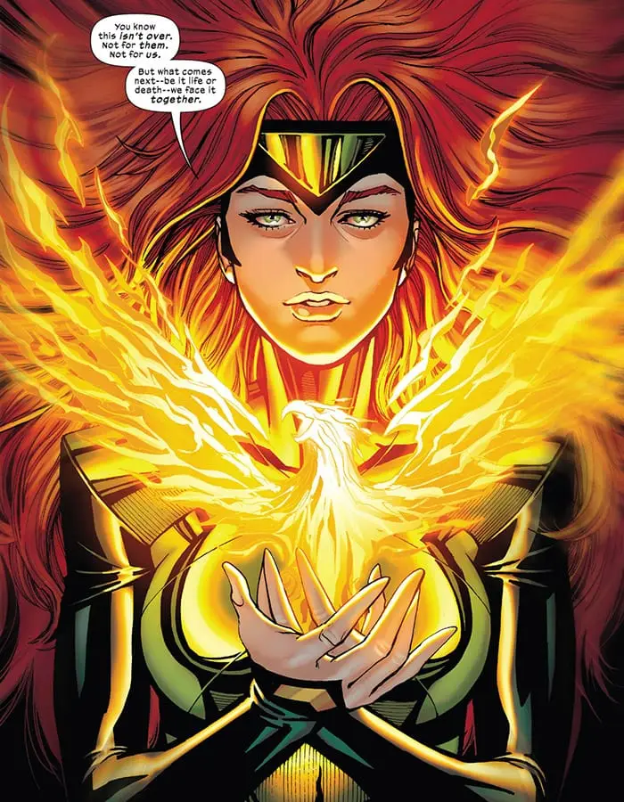 Jean Grey holding a small Phoenix bird formed from flame in her hands