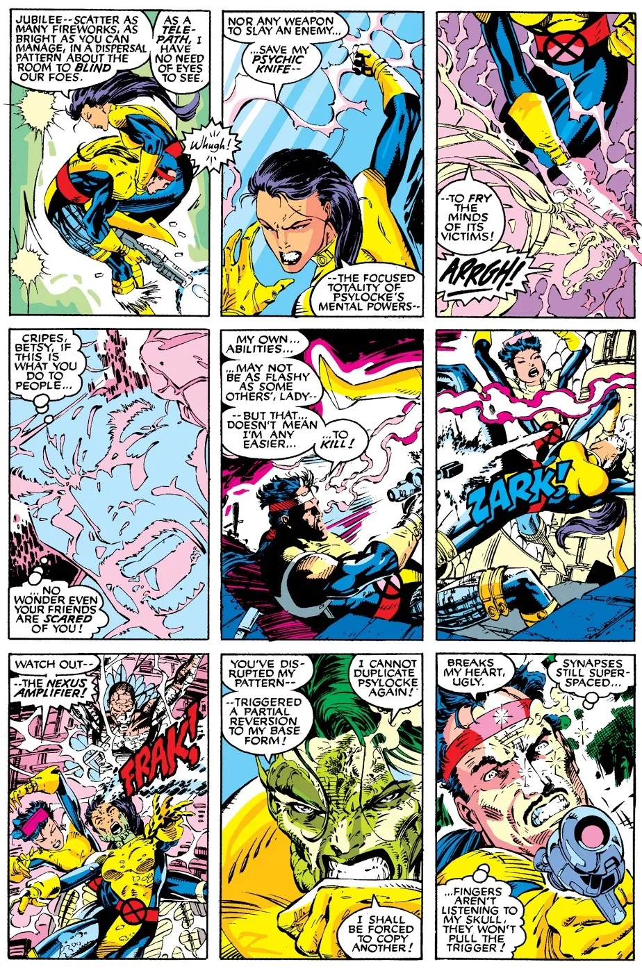 Uncanny X-Men #277: Jubilee firing fireworks alongside Psylocke