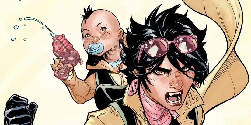 Art of Jubilee carrying baby Shogo, who holds a water pistol